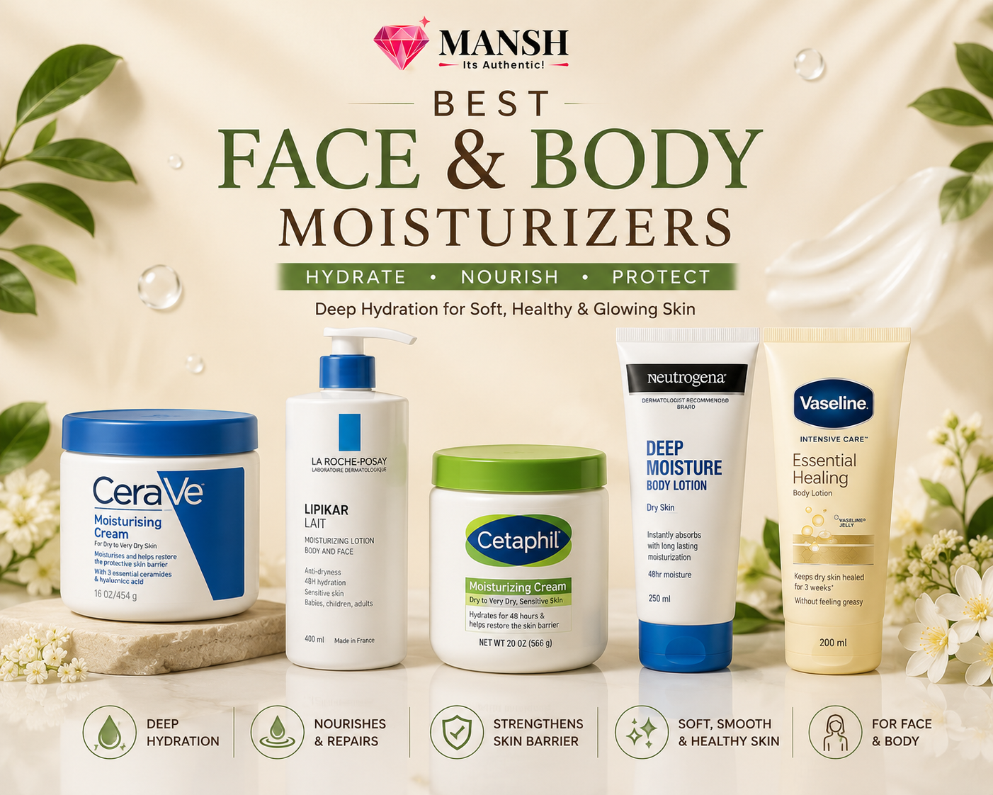 “Collection of hydrating face and body moisturizers from CeraVe, Cetaphil and Neutrogena”