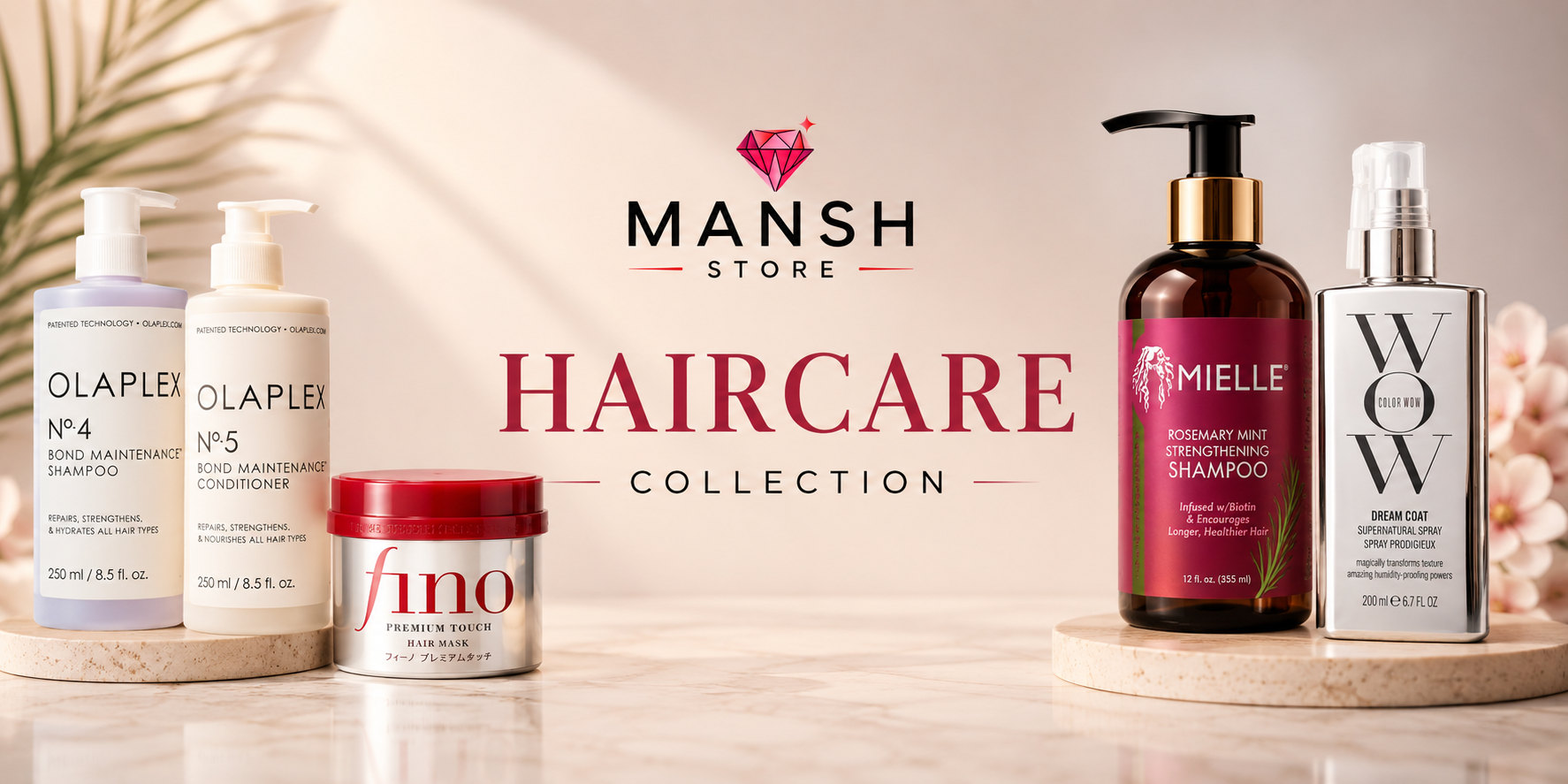 Premium hair care collection featuring Olaplex, Mielle Rosemary Mint, Fino Hair Mask and Color Wow products