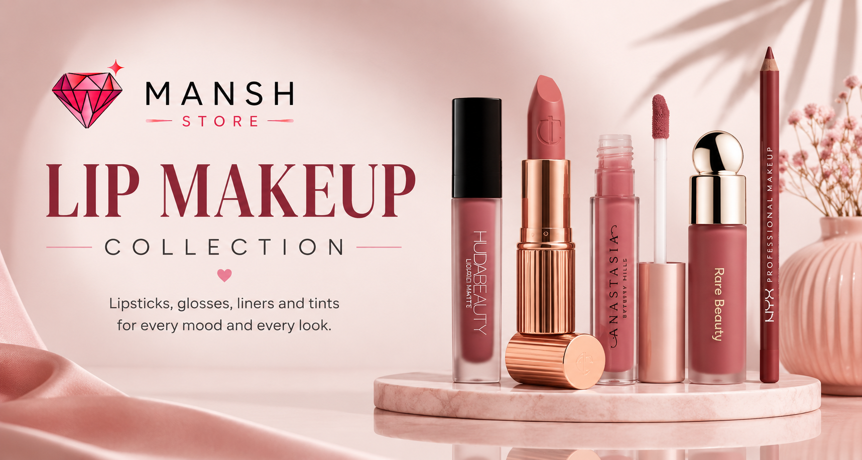 Lip makeup products from Charlotte Tilbury, Huda Beauty, Fenty Beauty, MAC Cosmetics and Rare Beauty available in Pakistan