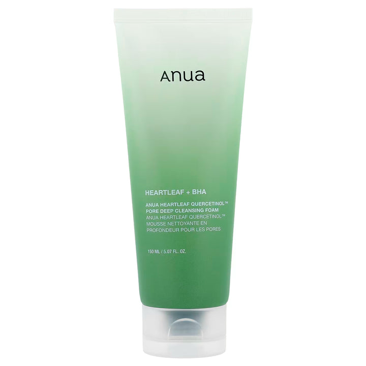 Green tube of Anua Heartleaf & BHA cleansing foam on a white background