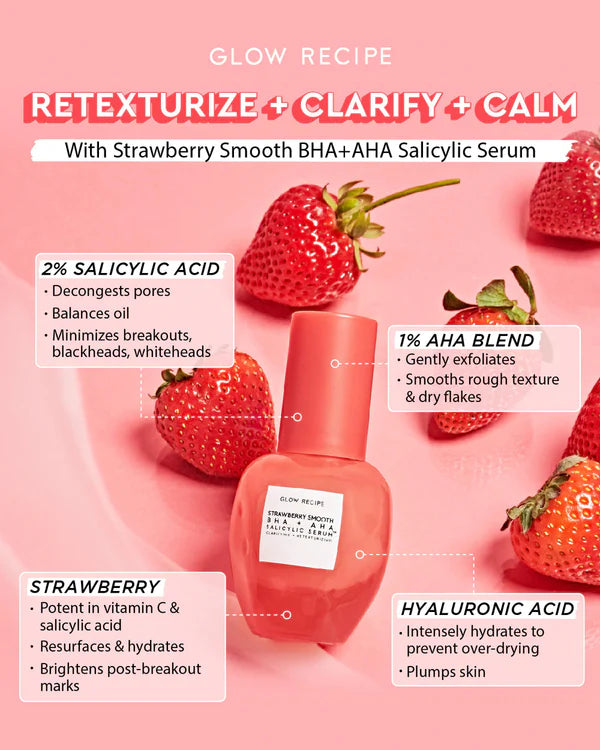 Glow Recipe Strawberry Smooth BHA + AHA Serum 30ml – Clear, Smooth Skin
