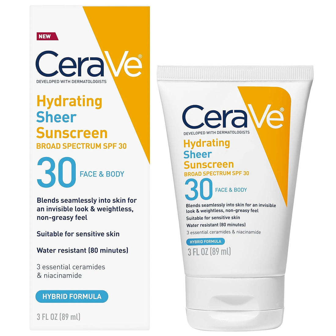 CeraVe Hydrating Sheer Sunscreen Broad Spectrum SPF 30 for Face & Body (89ml) sunscreen for daily sun protection front iew