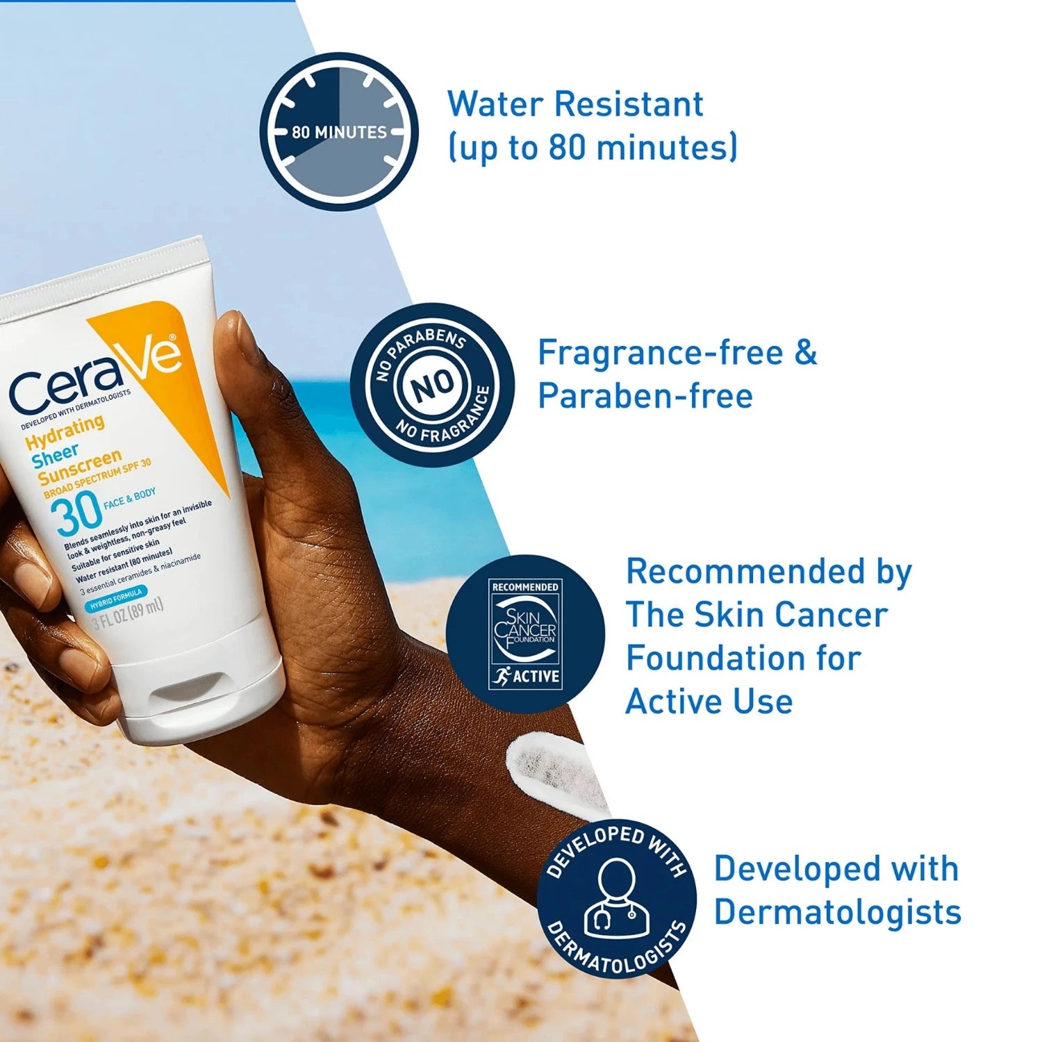 CeraVe Hydrating Sheer Sunscreen Broad Spectrum SPF 30 for Face & Body (89ml) sunscreen for daily sun protection ingredients