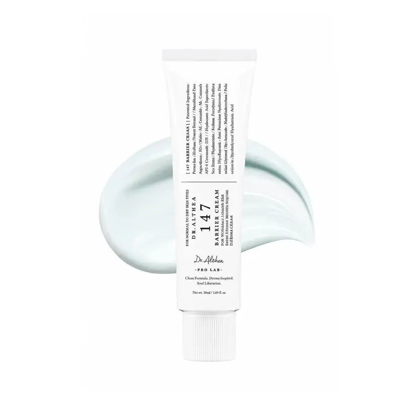 A white tube of Dr. Althea 147 Barrier Cream 50ml, shown upright with a pale mint-green cream smear behind it on a solid white background.