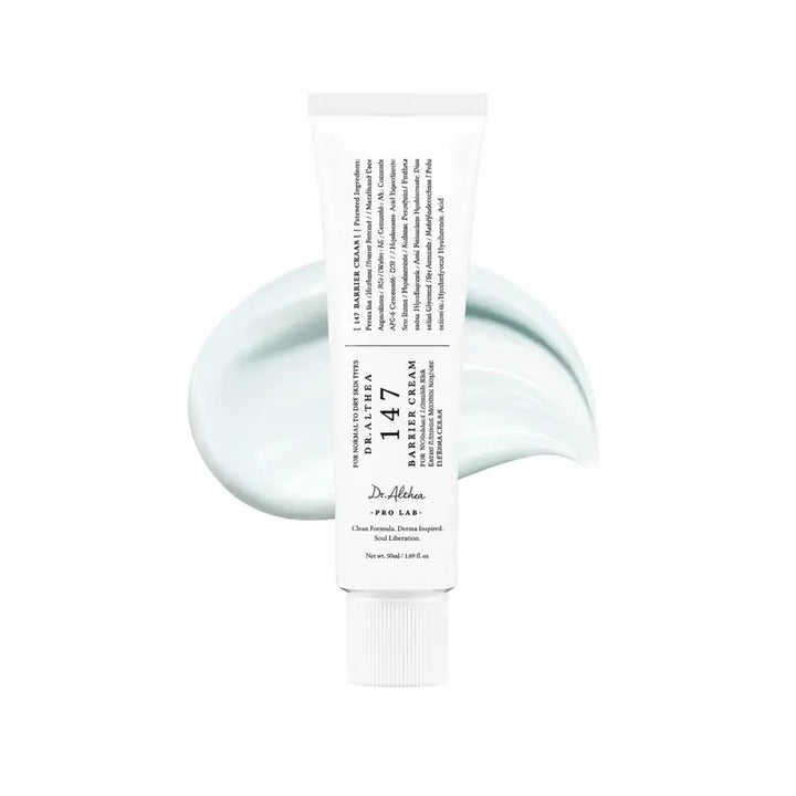 A white tube of Dr. Althea 147 Barrier Cream 50ml, shown upright with a pale mint-green cream smear behind it on a solid white background.
