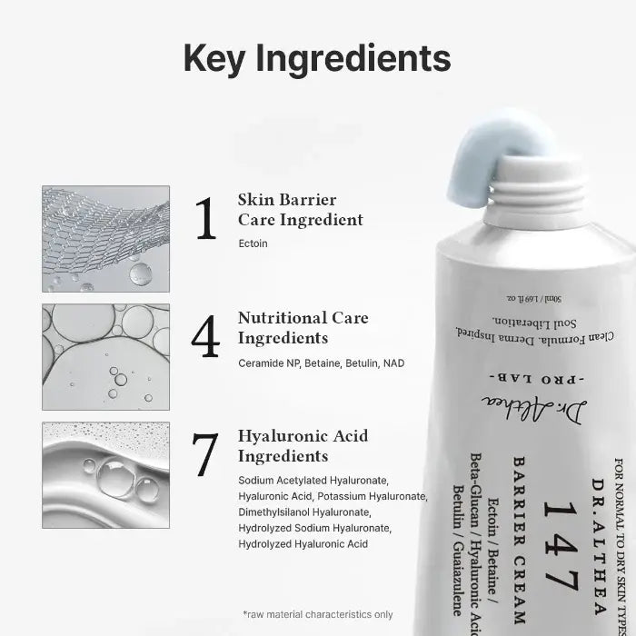 Dr. Althea 147 Barrier Cream with key ingredients listed on a white background