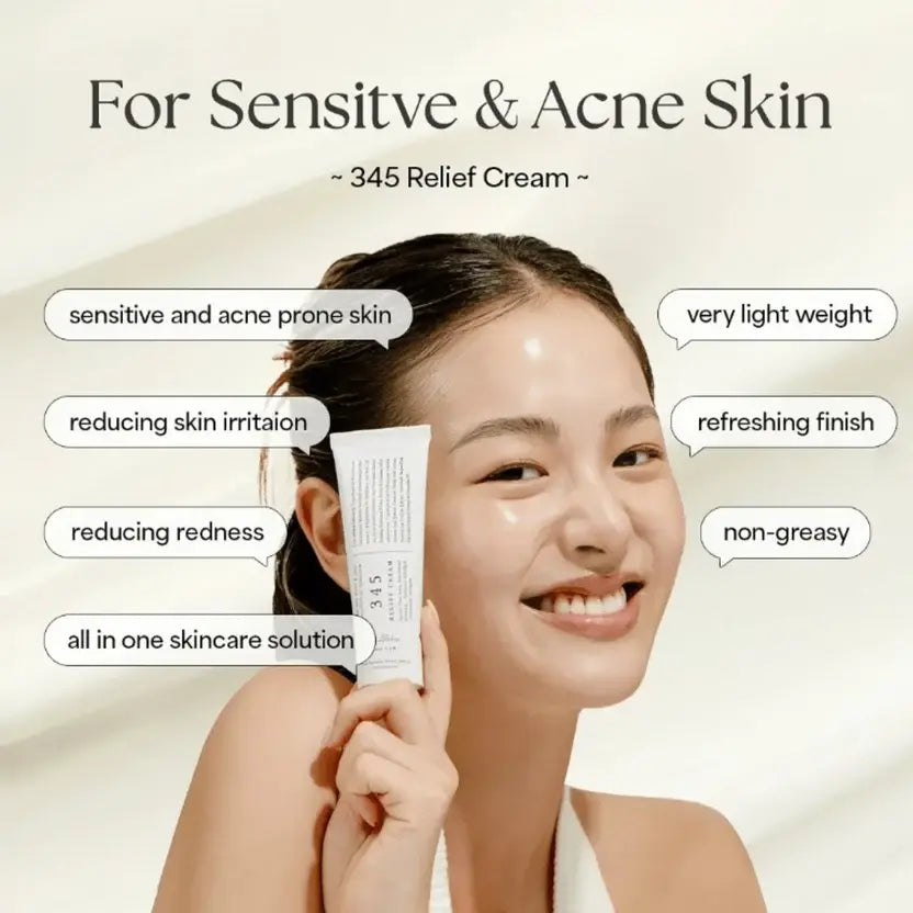 Woman holding Dr. Althea 345 Relief Cream with text highlighting benefits for sensitive and acne skin.