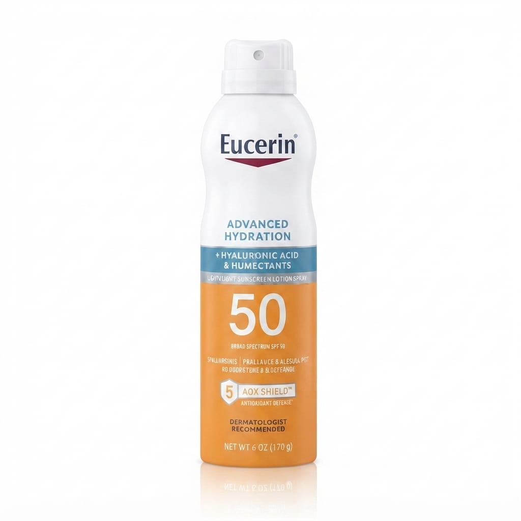 Eucerin Advance Hydration Sunscreen Lotion 170g Spray Bottle on a White Background