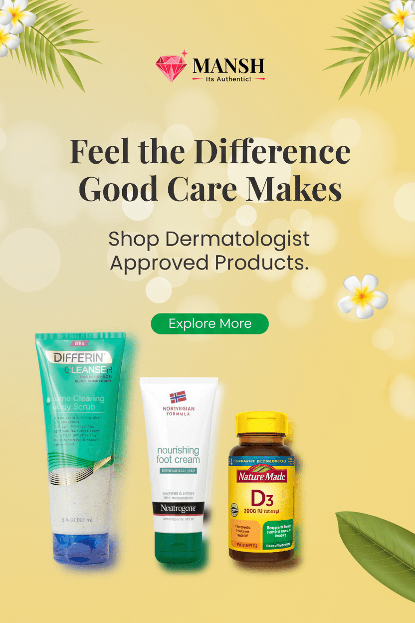A promotional banner for Mansh by Anushri featuring three dermatologist-approved skincare products: Differin Foot Care, Neutrogena Nourishing Foot Cream, and Neutrogena D3 Vitamin Complex, set against a warm yellow background with tropical leaves and white flowers.