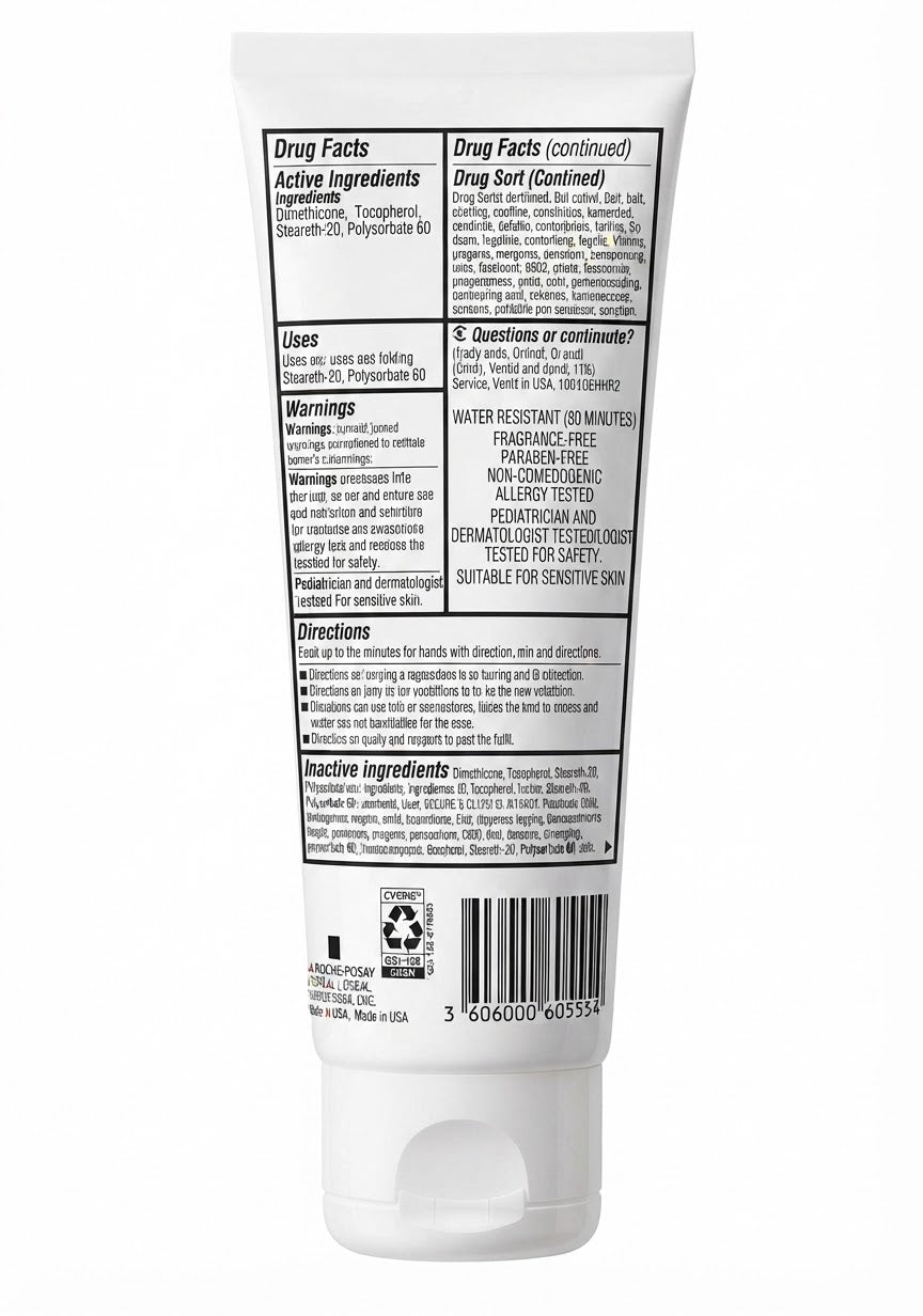 The back of La Roche-posay Anthelios Kids squeeze tube of sunscreen spf50, showing the Drug Facts, Directions, and barcode in black text on a plain white background.