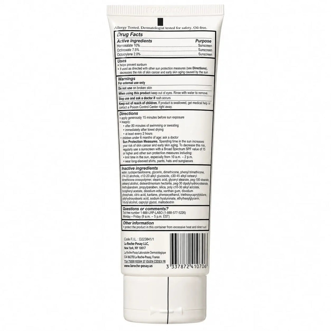 The back of La Roche-Posay Anthelios Mineral SPF 50 Body & Face sunscreen lotion, showing printed drug facts, usage instructions, a barcode, and contact information on a white background.
