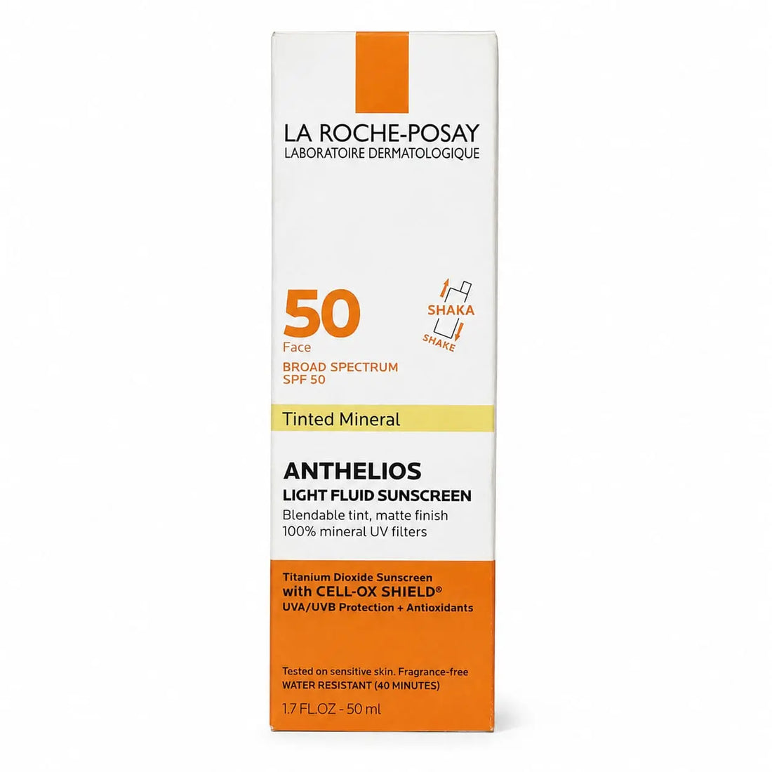 La Roche-Posay Anthelios Light Fluid Sunscreen Tinted Mineral SPF 50 bottle packaging, featuring a white box with orange and yellow accents.