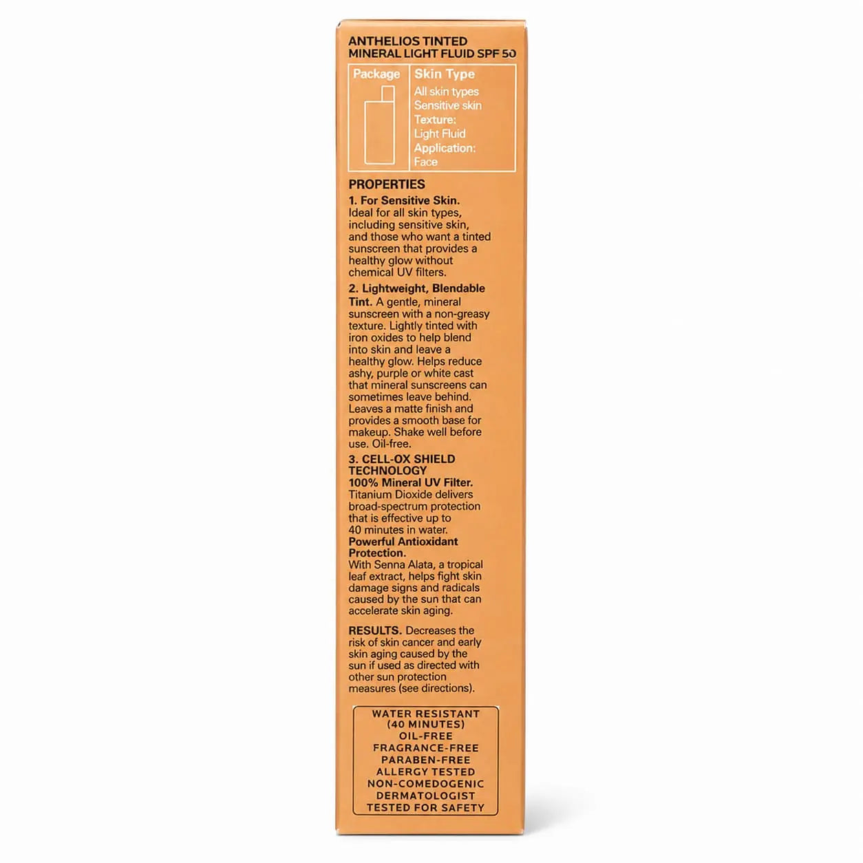 La Roche-Posay Anthelios Light Fluid Sunscreen Tinted Mineral SPF 50, displaying the side panel with text for properties and how to use