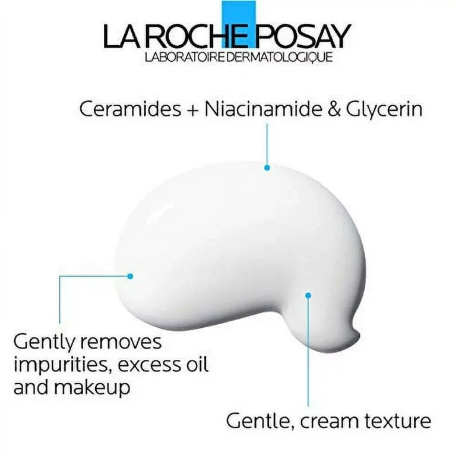 La Roche-Posay product with text about ceramides, niacinamide, glycerin, impurities removal, excess oil, makeup, and gentle cream texture.