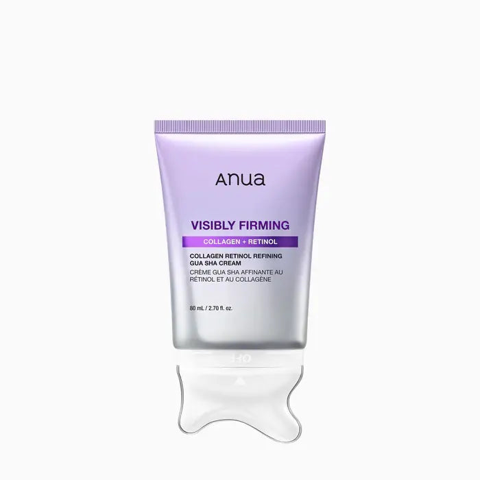 Anua Visibly Firming GUA SHA CREAM in a lavender and silver squeeze tube with a clear gel droplet graphic below, on a white background.