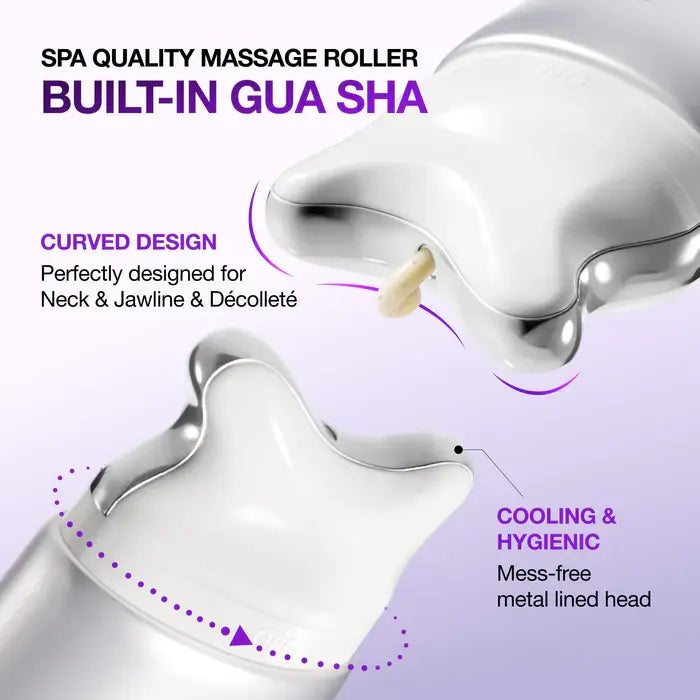 Anua Refining Collagen+Retinol Gua Sha Cream 80ml massage roller with built-in Gua Sha tool on a purple background