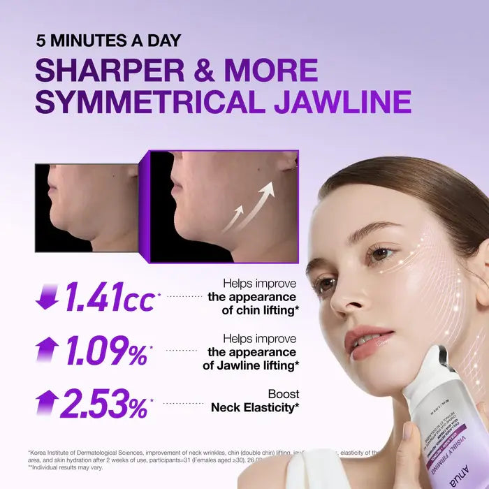 Advertisement for Anua Refining Collagen+Retinol Gua Sha Cream 80ml with a woman holding the product, showing before and after effects.
