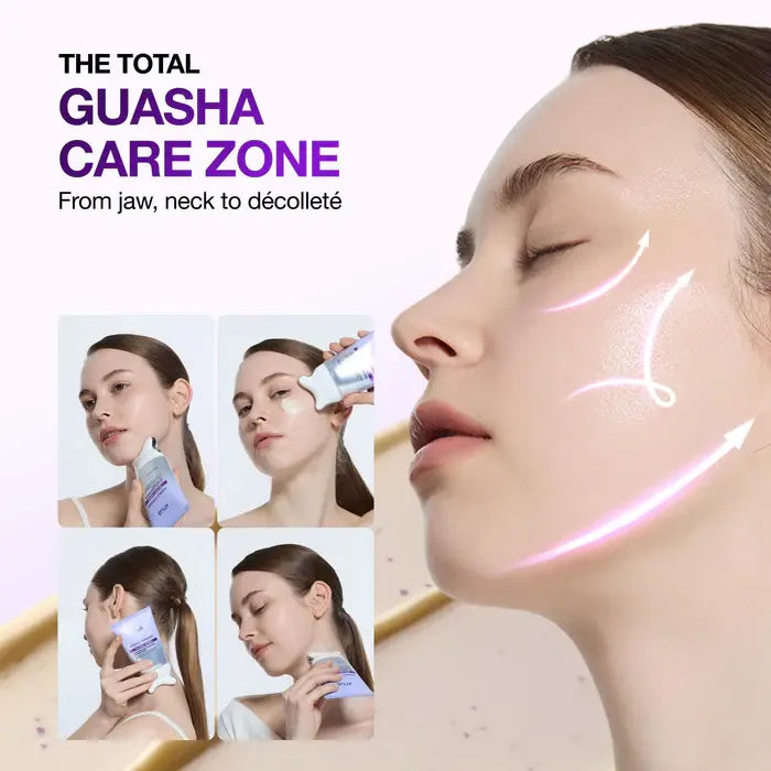 Advertisement for Gua sha care zone with a woman applying Anua Refining Collagen+Retinol Gua Sha Cream and text 'The Total Gua sha Care Zone'.