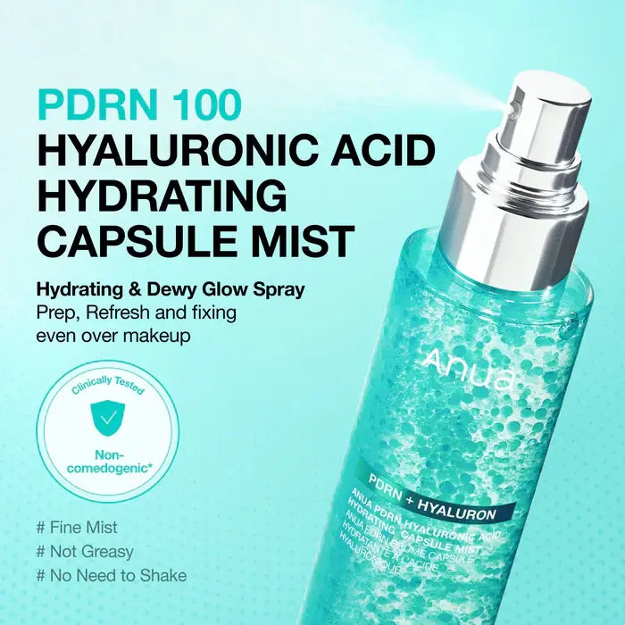 Anua PDRN 100 Hyaluronic Acid Hydrating Capsule Mist bottle on a light blue background