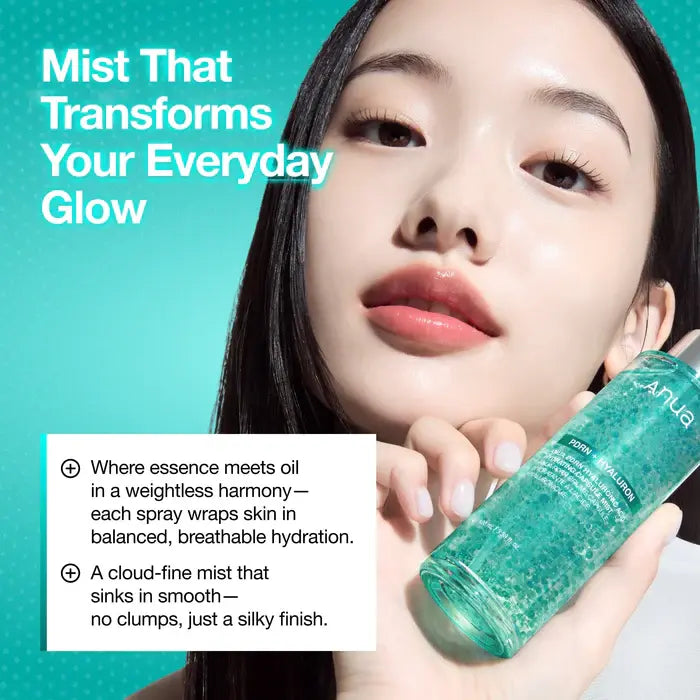 Woman holding Anua PDRN Hyaluronic Acid Hydrating Capsule Mist 100ml with text about a mist product on a teal background