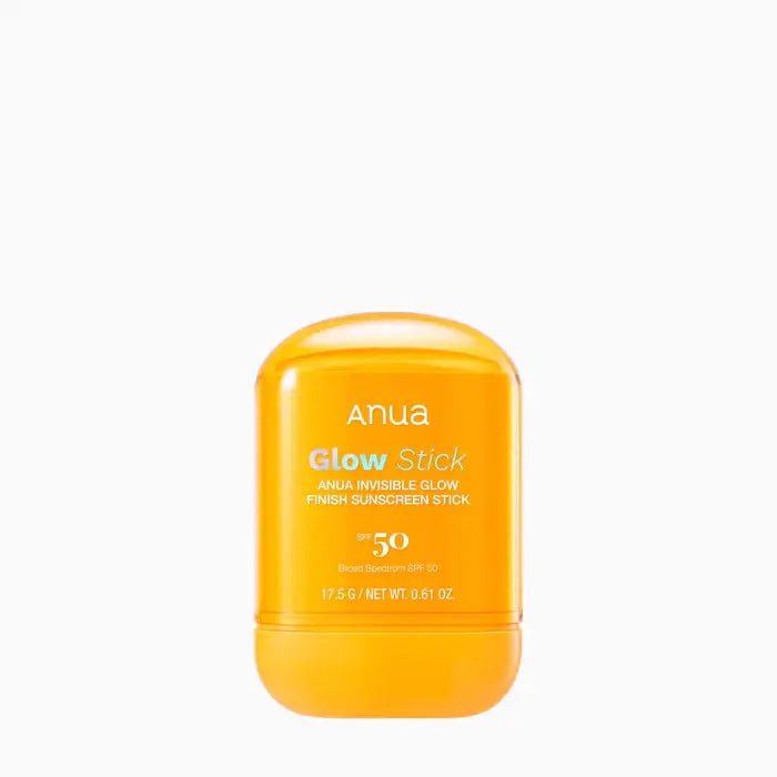 Anua Invisible Glow Finish Sunscreen Stick SPF50 PA++++ in a translucent orange-yellow container with white and blue text, centered on a plain white background.