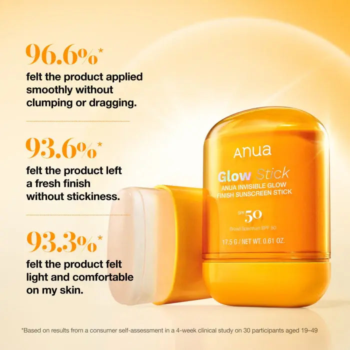 Anua Invisible Glow Finish Sunscreen Stick SPF50 PA++++ with consumer feedback on a yellow background