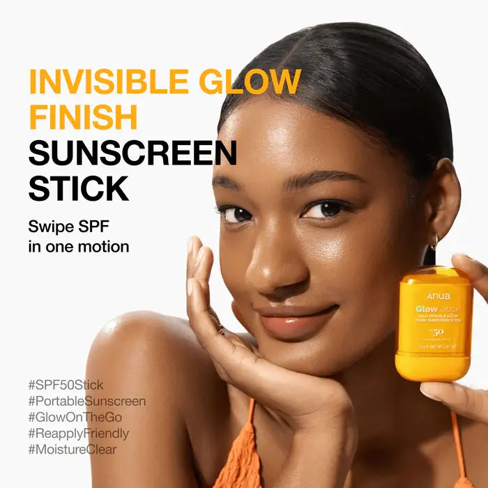 Woman applying Anua Invisible Glow Finish Sunscreen Stick SPF50 PA++++ with text about an 'Invisible Glow Finish Sunscreen Stick'.