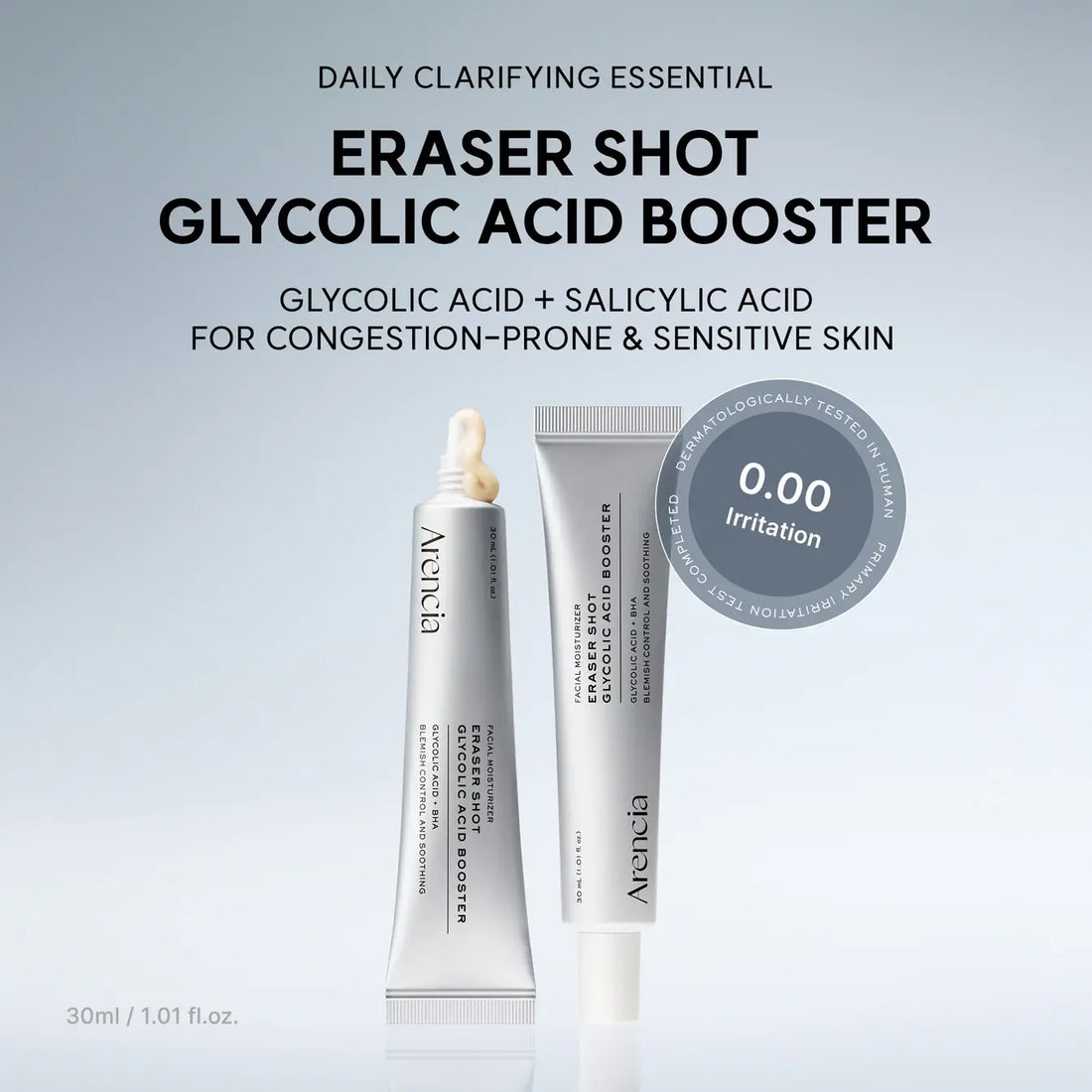 Arencia Eraser Shot Glycolic Acid Booster shown in two white squeeze tubes on a light gray gradient background, with marketing text above and a circular badge reading 0.00 Irritation.