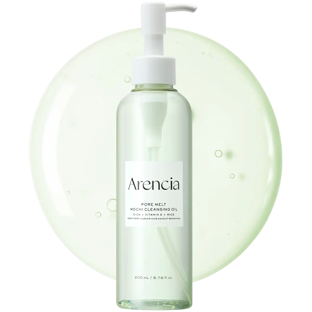 A clear plastic pump bottle of Arencia Pore Melt Mochi Cleansing Oil with a white pump dispenser, set against a large pale green circular graphic on a white background.