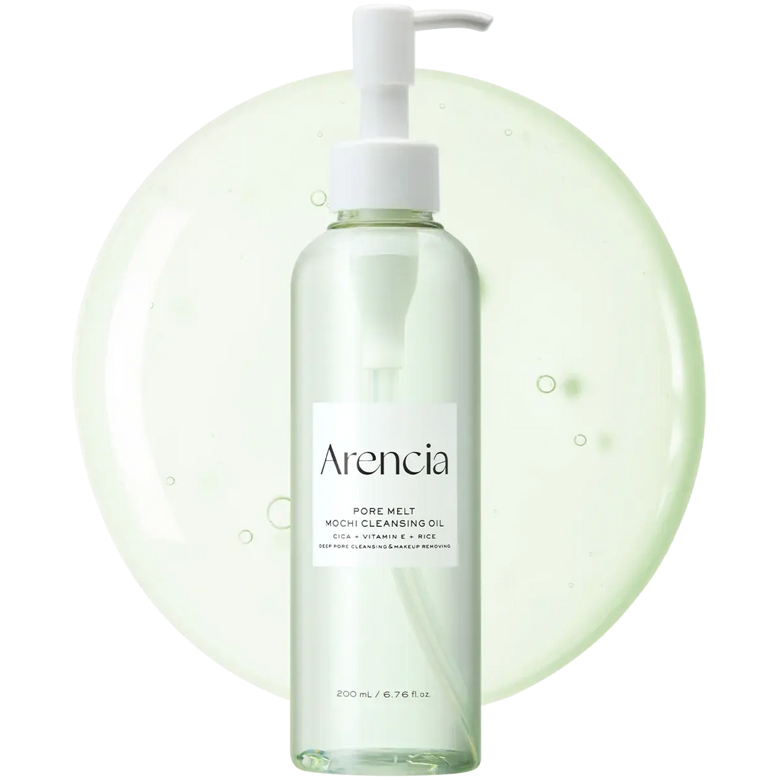 A clear plastic pump bottle of Arencia Pore Melt Mochi Cleansing Oil with a white pump dispenser, set against a large pale green circular graphic on a white background.