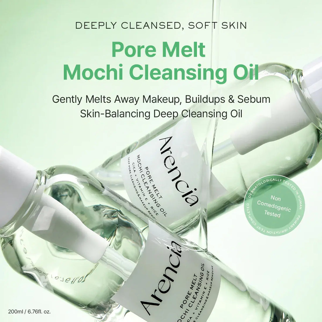 Three clear glass dropper bottles of Arencia Pore Melt Mochi Cleansing Oil arranged diagonally on a pale mint green background with product text above.