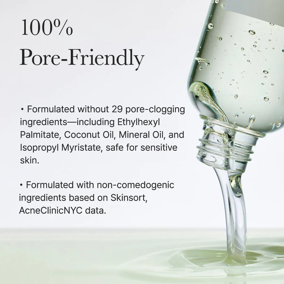 Arencia Pore Melt Mochi Makeup-Removing Cleansing Oil, featuring large text reading '100% Pore-Friendly' and bullet points about formulation, alongside a close-up of a clear bottle pouring transparent liquid onto a white surface.