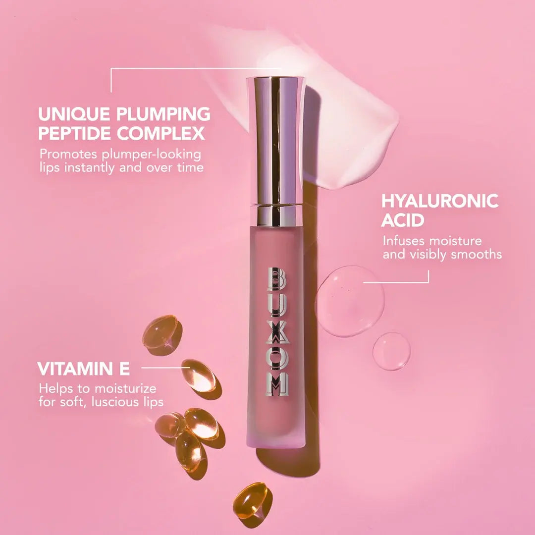 Lip balm with Buxom branding on a pink background, featuring text about ingredients.