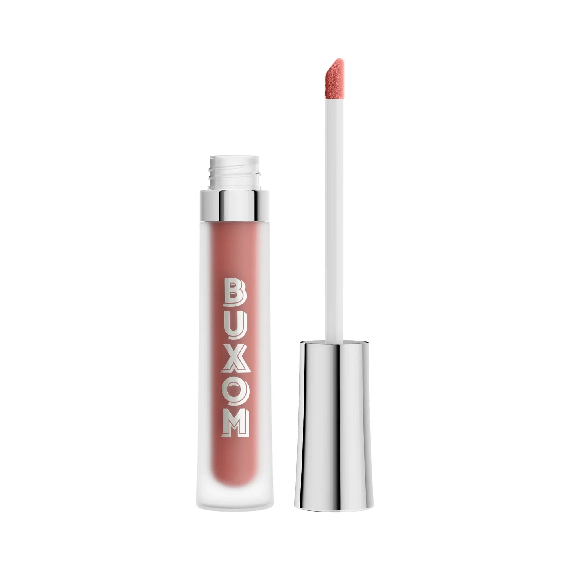 BUXOM liquid lip gloss in a clear tube showing a dusty rose pink color, with its silver cap removed and standing beside the applicator wand on a white background.