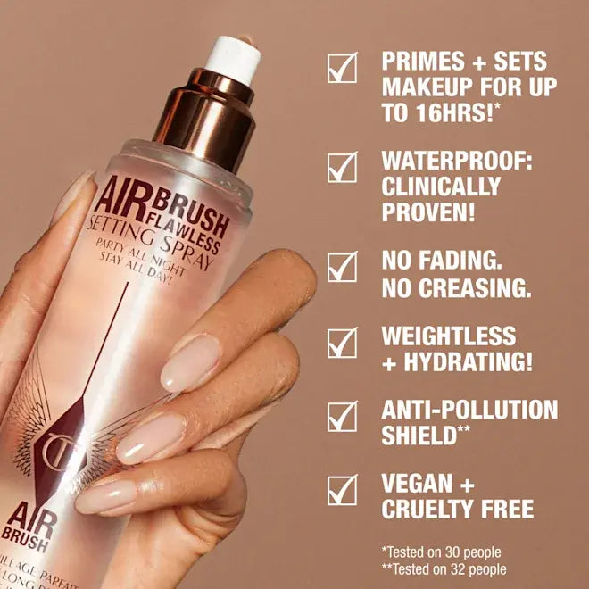 Hand holding Airbrush Flawless Setting Spray with product features listed on a brown background