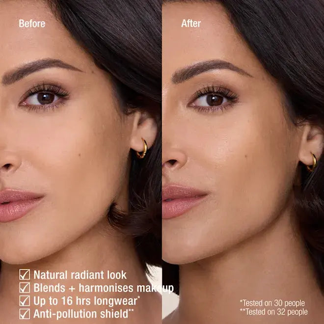 Before and after comparison of a woman's face with Charlotte Tilbury Airbrush Flawless Setting Spray 100ml application, showing natural radiance and longwear properties.