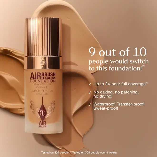 Charlotte Tilbury Airbrush Flawless Foundation bottle shown on a warm beige background with foundation swatches and promotional text.