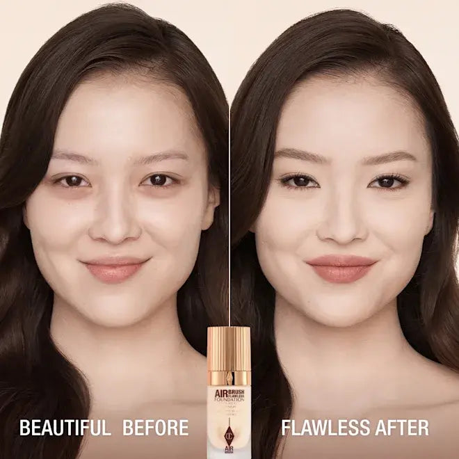 Before and after comparison of a woman's face with a bottle labeled 'Charlotte Tilbury Airbrush Foundation'.