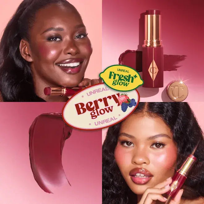 Berry Glow Blush Stick of Charlotte Tilbury with 'Unreal Berry Glow' label and two models on a pink background