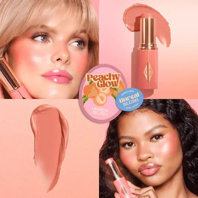 Peachy Glow Blush Stick of Charlotte Tilbury with two models and close-up of blush on a pink background
