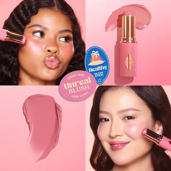 Collage of a woman applying Rosy Glow Blush Stick of Charlotte Tilbury with 'Unreal Blush' label, and a close-up of the product on a pink background.