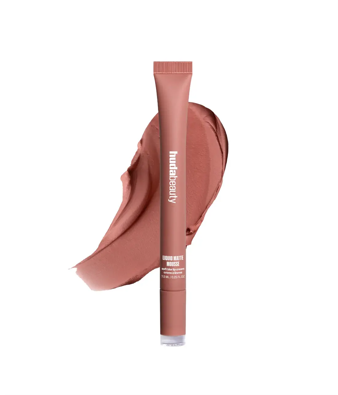 Huda Beauty Liquid Matte Mousse with a swatch of pink lipstick on a white background