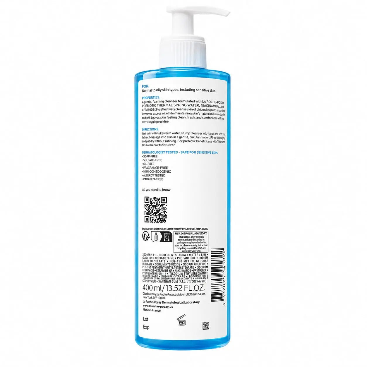 A 400 ml bottle of La Roche-Posay Toleriane Purifying Foaming Cleanser 400ml shown from the back, featuring a white pump dispenser and a white label with blue borders and text.