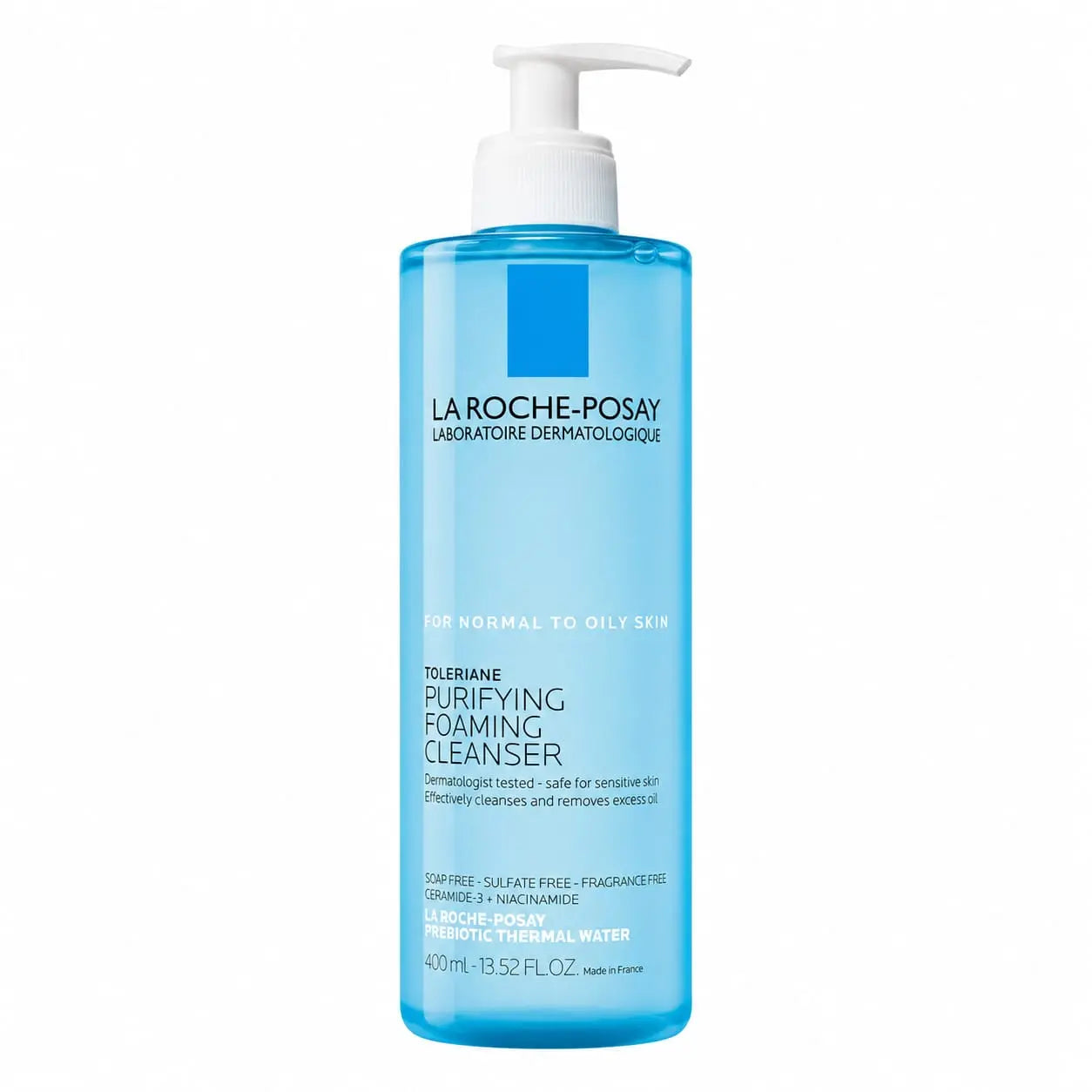 A 400ml bottle of La Roche-Posay Tolerane Purifying Foaming Cleanser, featuring a translucent light blue body, a white pump dispenser, and black text on a clean white background.