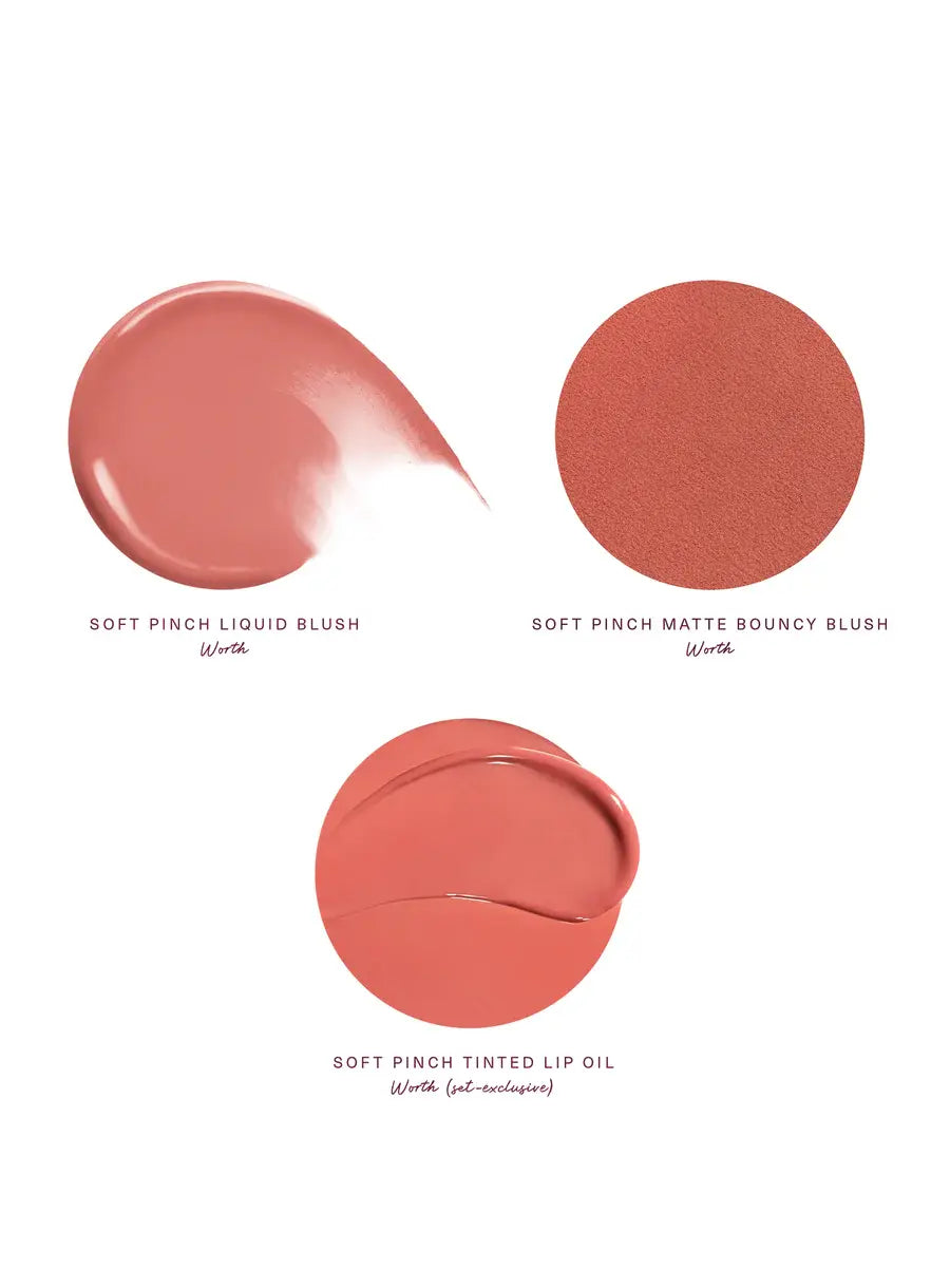 Rare Beauty Soft Pinch Cheek & Lip Trio Set Shades 'Soft Pinch Matte Bouncy Blush', and 'Soft Pinch Tinted Lip Oil' on a white background | MANSH