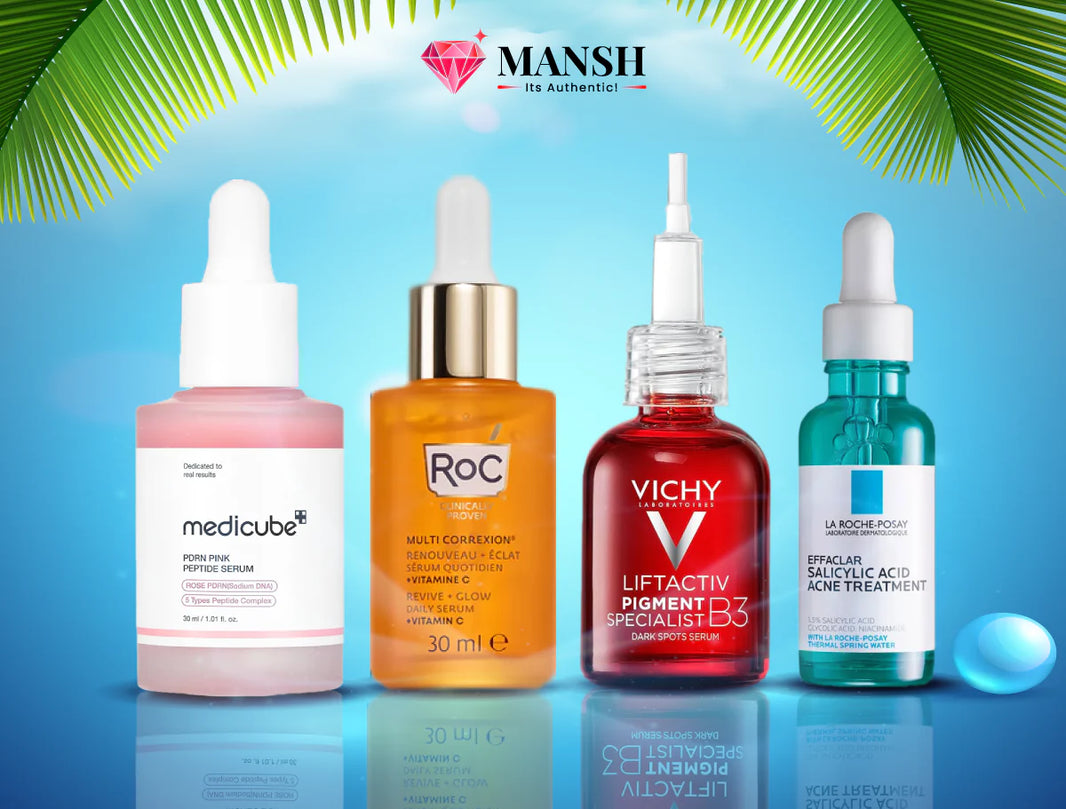 Four skincare dropper bottles arranged on a blue gradient background with palm leaves at the top and the MANSH logo above. The bottles include Meducube pink serum, Roc amber multi-enzyme serum, Vichy Liftactiv Pigment Redermel 153 red treatment, and La Roche-Posay Effacer Dark Spot Acid Treatment teal bottle, with a blue sphere prop at lower right | MANSH