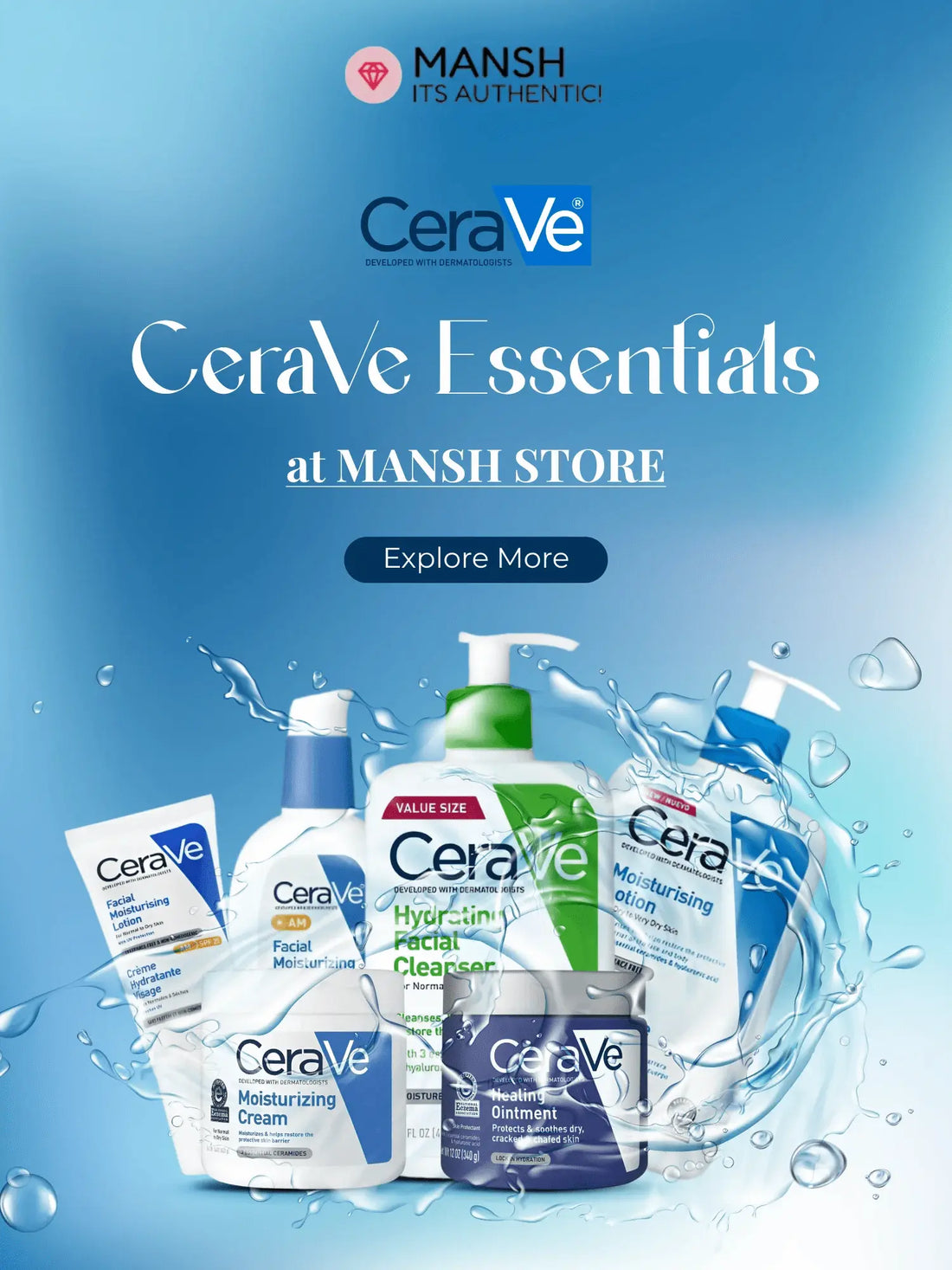 Promotional banner for CeraVe Essentials at MANSH STORE, showing multiple CeraVe skincare products including facial moisturizer, hydrating facial cleanser, moisturizing cream, and eye cream, with water splash graphics on a blue gradient background.