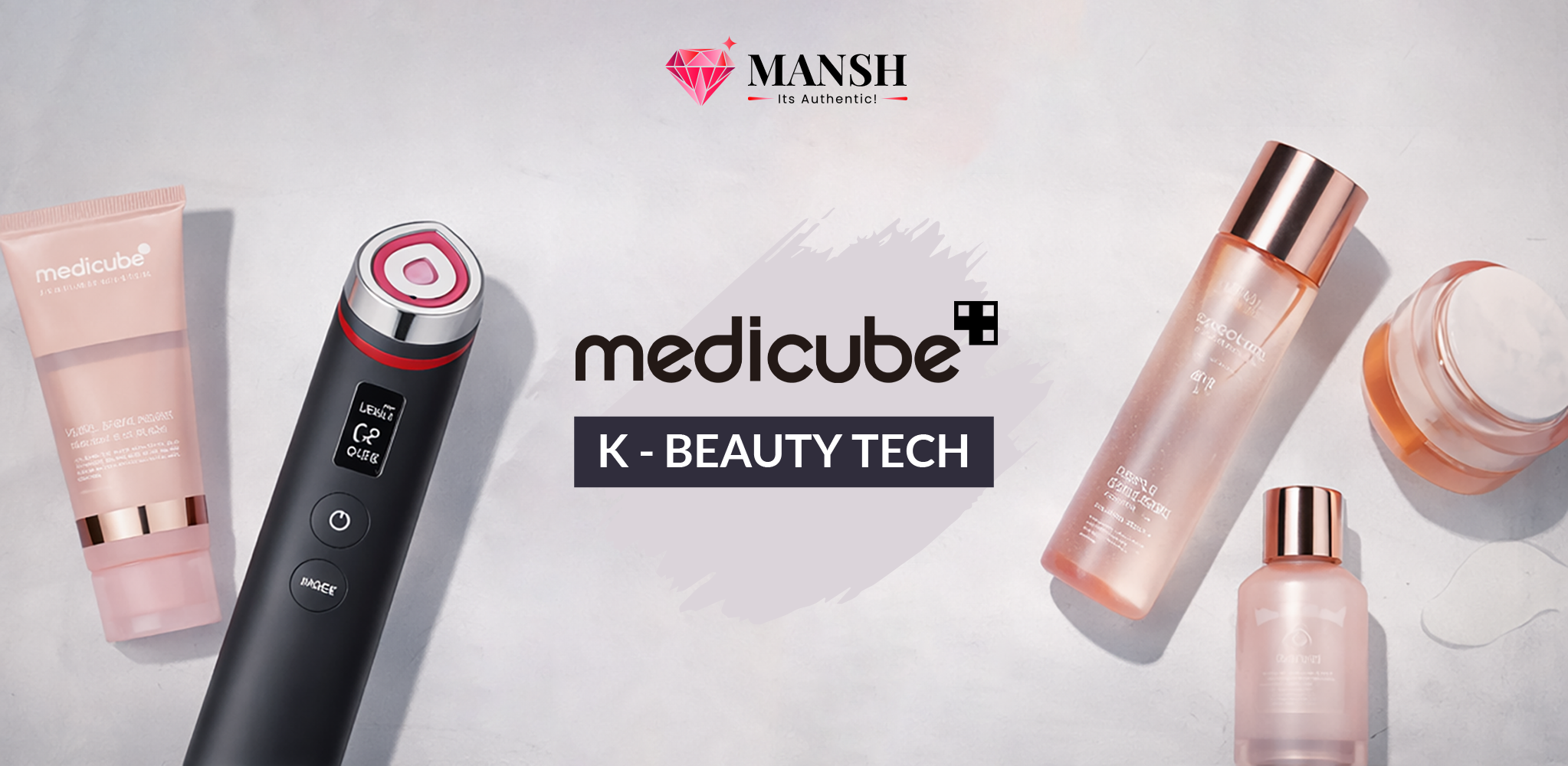 Medicube skincare products with MANSH branding on a light background