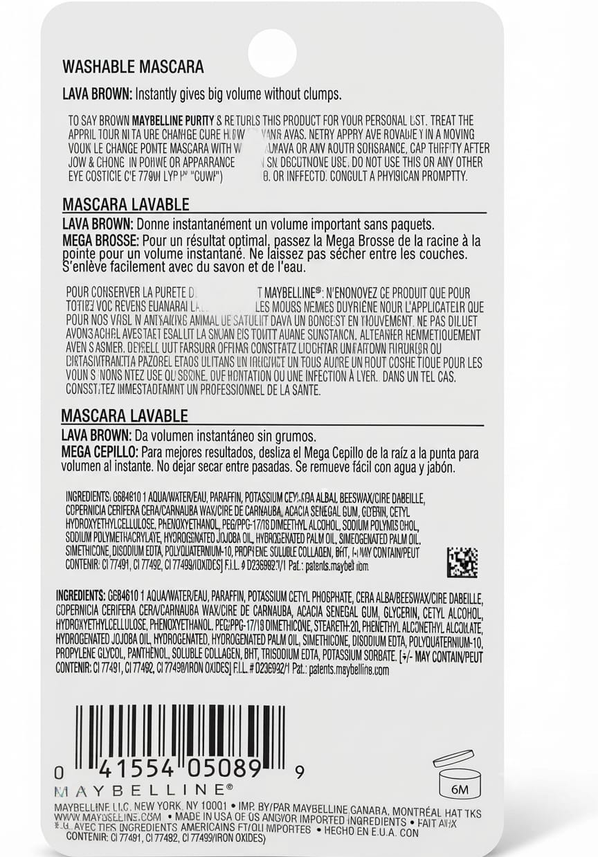 Maybelline the Clossal Mascara 9.2ml back view on a white background