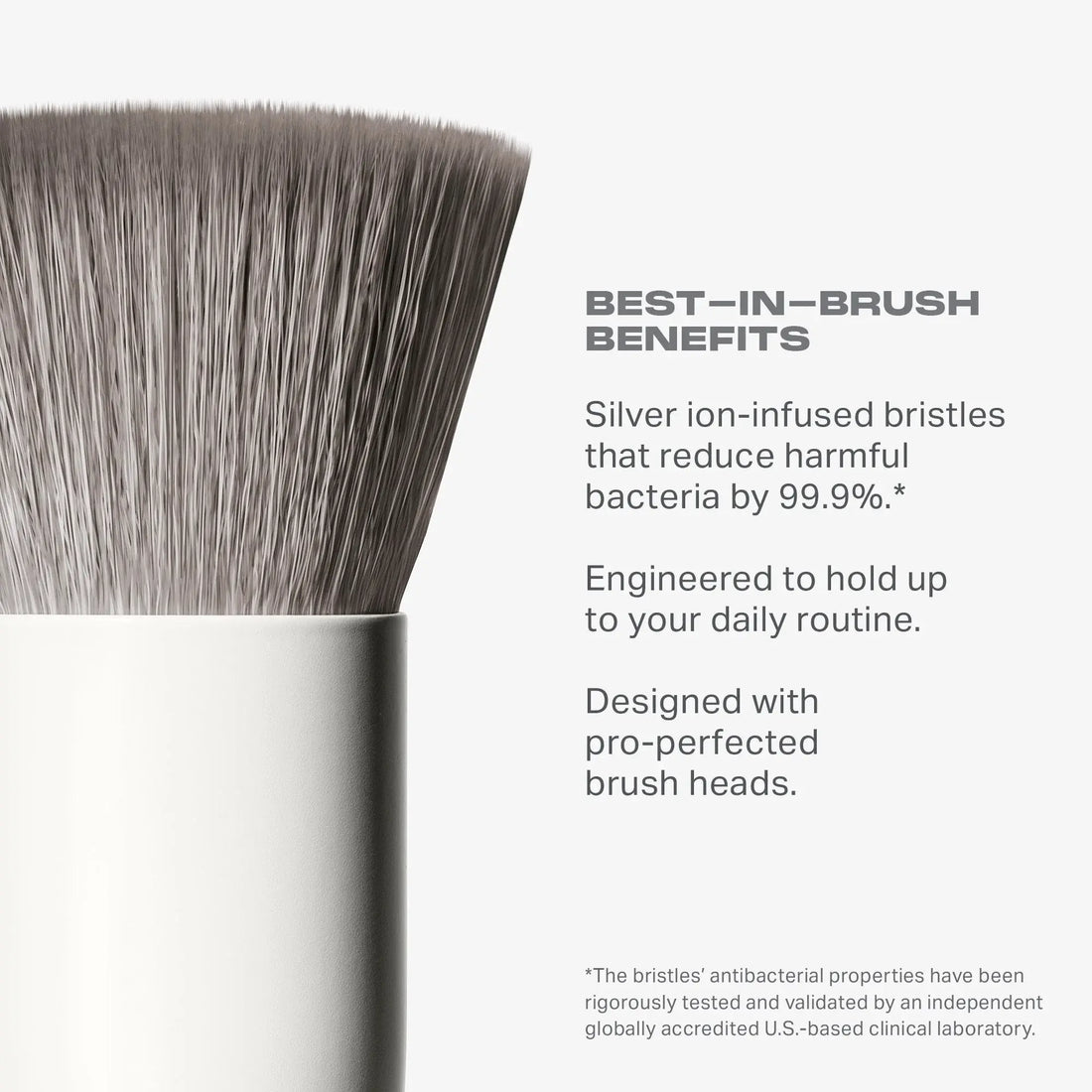 Close-up of a Morphe brush with text highlighting its antibacterial properties and design features.